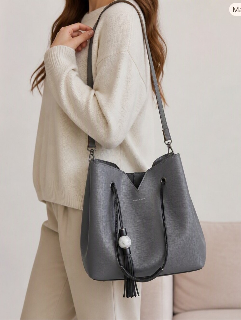 Pixie Mood Gray Pebbled Drawstring Tote with Marble Bead Tassel